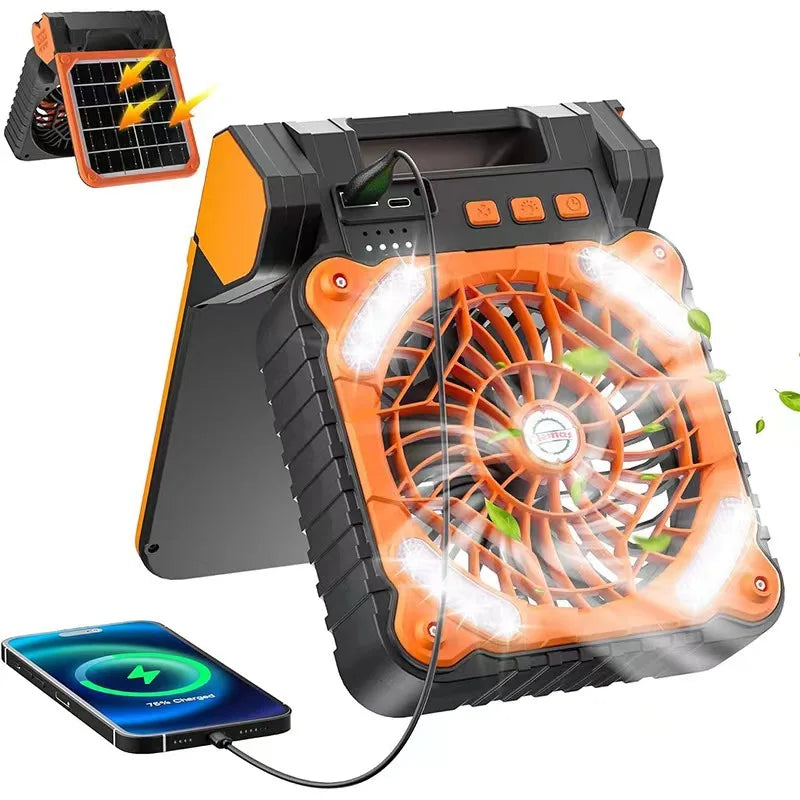 Factory Direct 10400mAh Rechargeable Solar Powered Portable Table Camping Fan  with LED Lights Big Solar Panel Outdoor Tent Fan