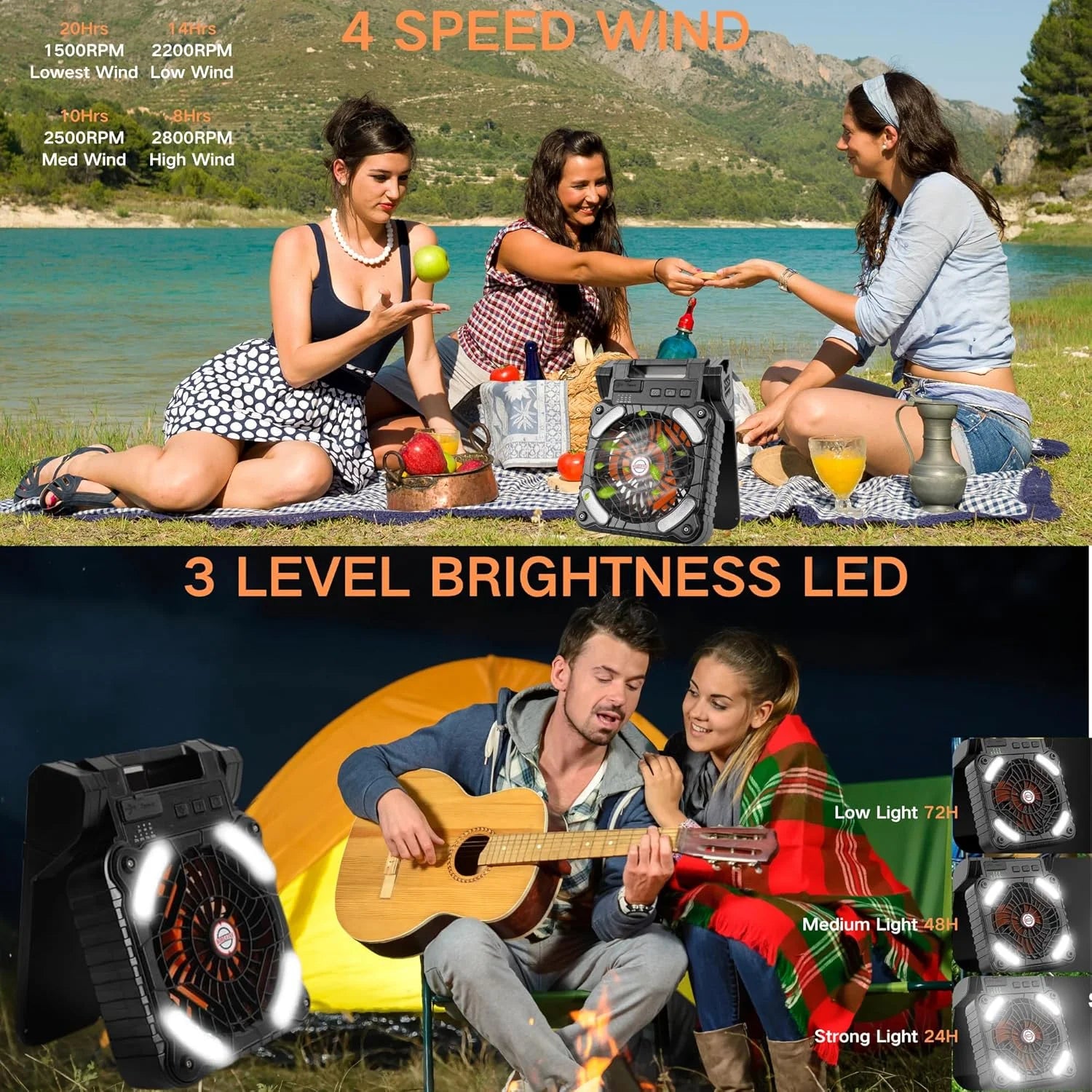 Factory Direct 10400mAh Rechargeable Solar Powered Portable Table Camping Fan  with LED Lights Big Solar Panel Outdoor Tent Fan