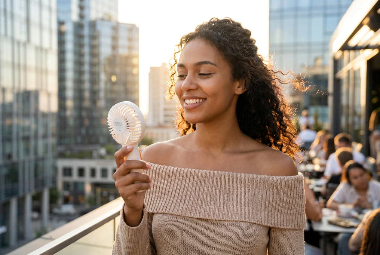 Customer using a portable fan on a hot summer day
